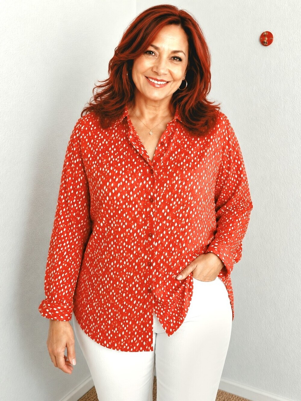 Roaman's Coral & White Speckled Print Button-down Shirt, Size 1X